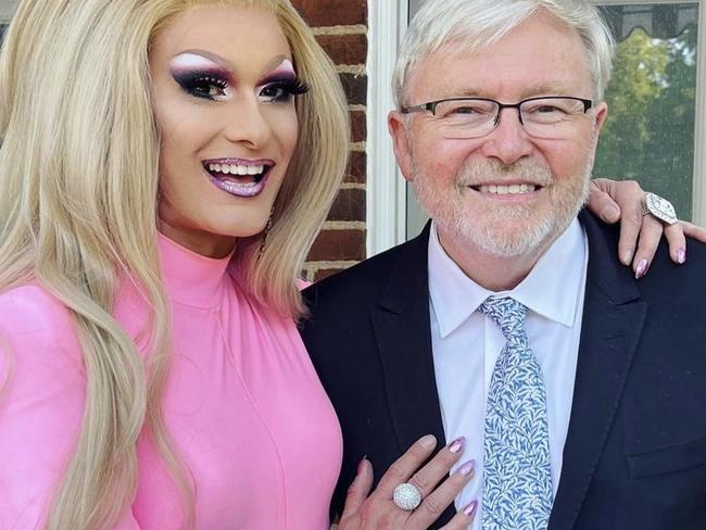 Mr Rudd with Australian drag queen DJ Kitty Glitter, who was hired to perform at the Pride event. Picture: Instagram Picture: Instagram