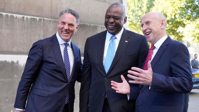 Defence Minister Richard Marles with US Secretary of Defence Lloyd Austin and British Defence Secretary John Healey ahead of the AUKUS meeting in London. Picture: AFP