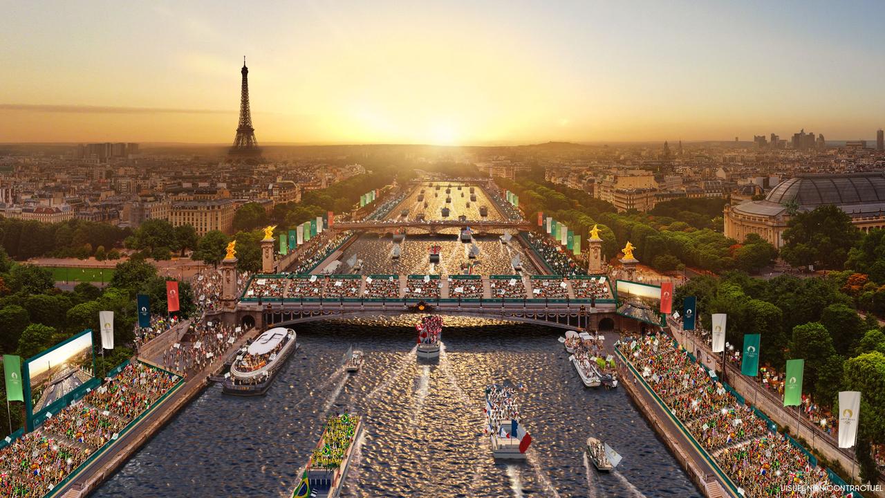 An artist’s impression shows what the opening ceremony of the 2024 Games could look like on the River Seine. Picture: Florian Hulleu / Paris 2024 / AFP