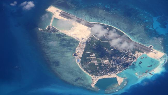 An aerial view of the Yongxing Island also known as Woody Island of Xisha Islands in the South China Sea showing an airstrip and other military developments. Picture: Getty