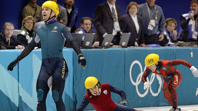 Too good to be true: Steve Bradbury crosses the line ahead of American Apolo Anton Ohno (silver) and Canada’s Mathieu Turcotte (right, bronze) to win gold in the men’s 1000m short-track finals at the Salt Lake City Winter Olympic Games in 2002.