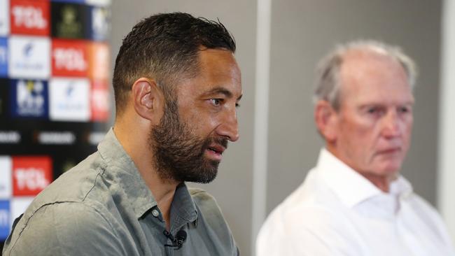 Benji Marshall announced his retirement from the NRL alongside Wayne Bennett at the Gold Coast. Picture: Chris Hyde/Getty Images