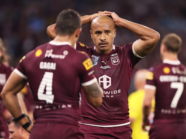 Maroons star Felise Kaufusi admits he needs to ‘dial back’ the aggression but says the enforcer status will remain a part of his game. Picture: Getty Images