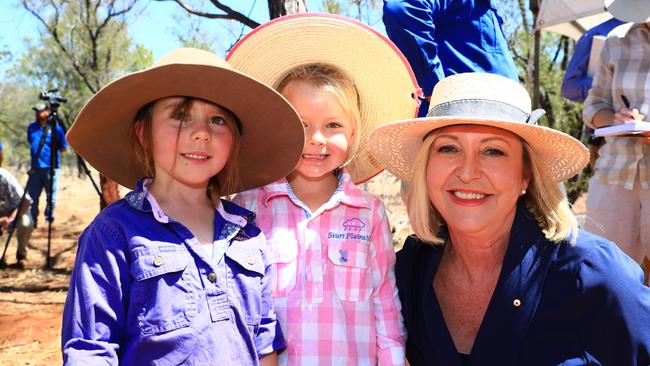 NT Administrator Vicki O'Halloran says she’s loved meeting people across the length and breadth of the Territory. Here she is pictured with Charlotte and Emma Inglis. Picture: Ian Richards