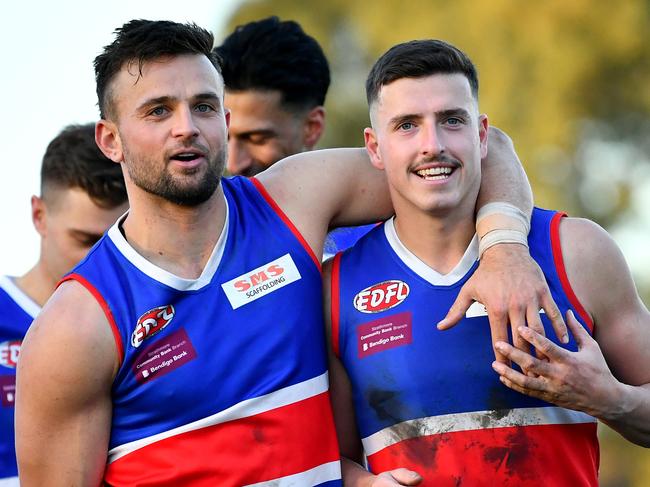 Keilor celebrate winning the round six EDFL Strathmore Community Bank Premier Division match between Pascoe Vale and Keilor at Raeburn Reserve, on May 18, 2024, in Melbourne, Australia. (Photo by Josh Chadwick)