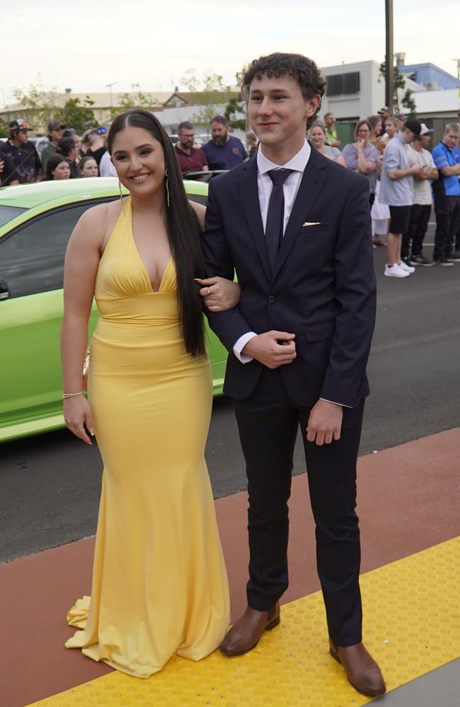 Claudia Di Marco and Bailey Miles arriving at the 2023 Kingaroy State High School formal.