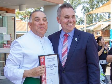 Principal Brother Nicholas Harsas with Fairfield State MP Guy Zangari at Our Lady of the Rosary School, Fairfield, on October 26, 2018.