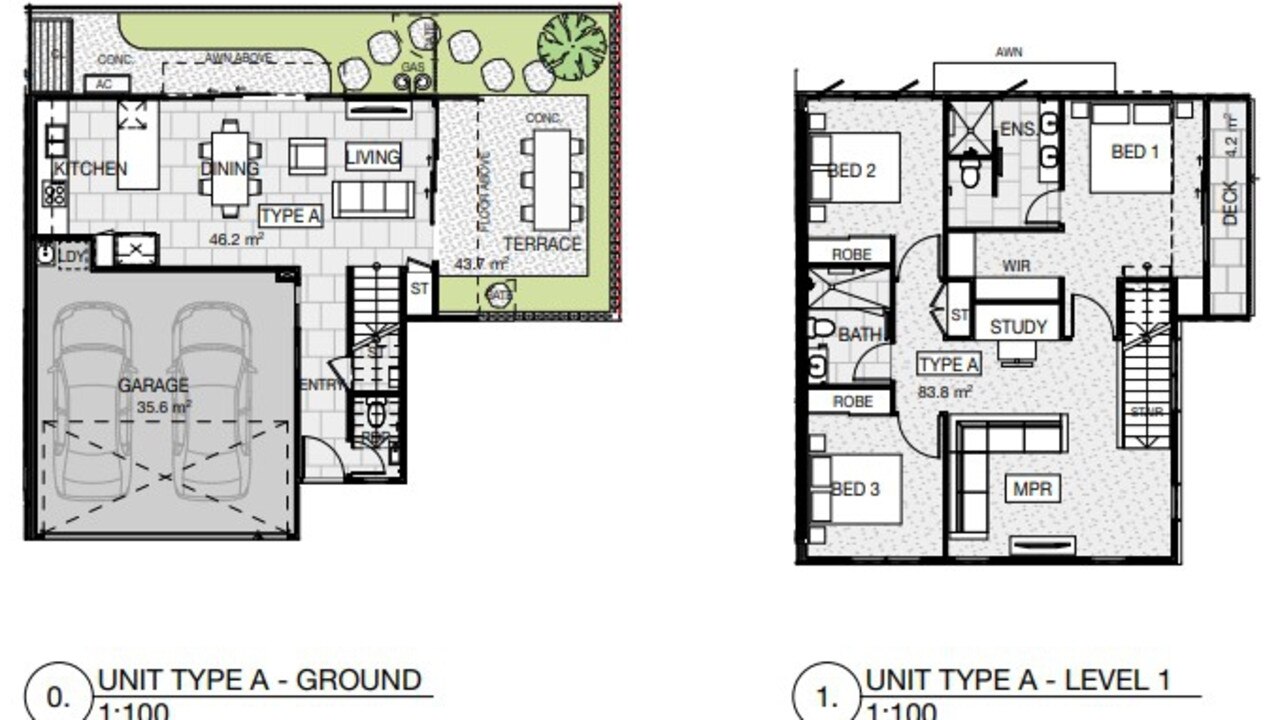 The proposed design for unit 1 at 20 Yinni St, Maroochydore including a garage space for two cars.