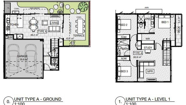 The proposed design for unit 1 at 20 Yinni St, Maroochydore including a garage space for two cars.