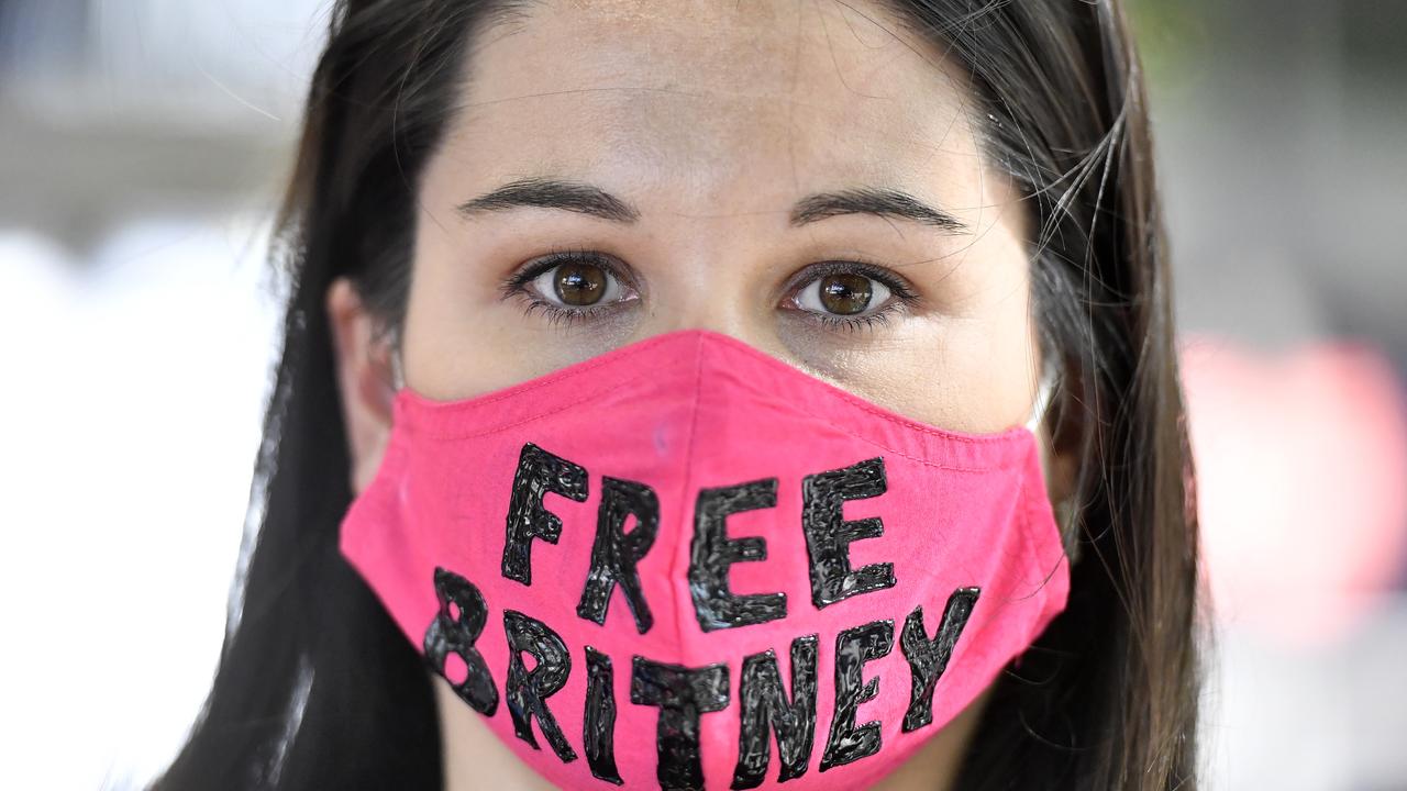 Free Britney supporter Leann Simmons joins other protesters outside a Los Angeles courthouse. Picture: Frazer Harrison/Getty Images