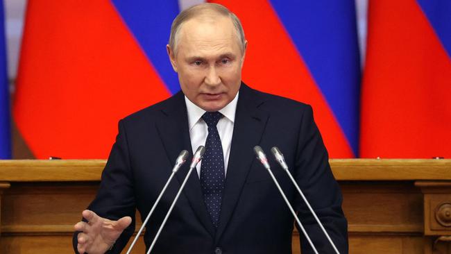 Russian President Vladimir Putin gives a speech at a meeting of the advisory council of the Russian parliament in Saint Petersburg overnight (AEST). Picture: AFP