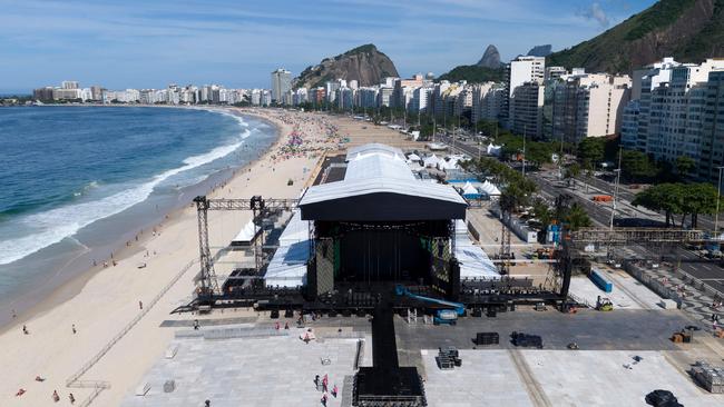 An aerial view of the stage for the show of US singer Lady Gaga at Copacabana Beach in Rio de Janeiro, Brazil, on April 27, 2025. Picture: Pablo Porciuncula / AFP.