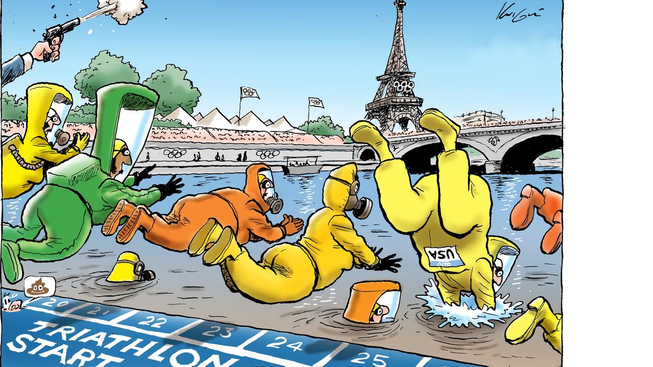 In Mark Knight's River Seine triathlon cartoon, the athletes have come prepared for all manner of hazard, but in reality the triathlon went ahead as planned, though questions have been raised about the test results. Picture: Mark Knight