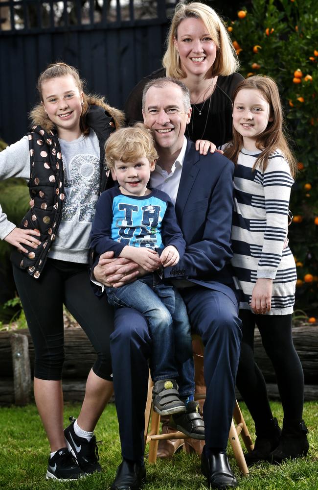 Sports presenter Gerard Whateley with his family, wife Claire and children Rebecca (left), Alyssa (right) and Benji. Picture: Michael Klein