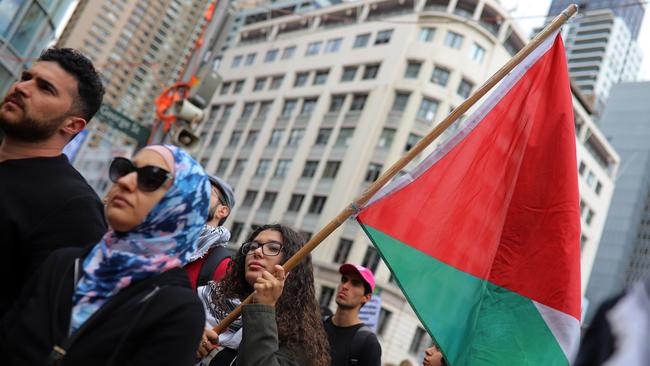 A member of Palestine Action Group Sydney holds a Palestinian flag during a rally against Israeli occupation of Palestine in Sydney.