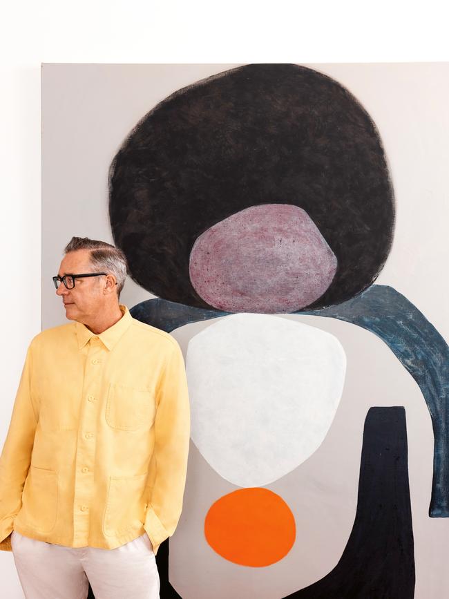 Stephen Ormandy wears <b>Brunello Cucinelli</b> pants; his own jacket and glasses. Also shown, <i>Soundwave</i> (2008) by Stephen Ormandy. Picture: Michael Comninus