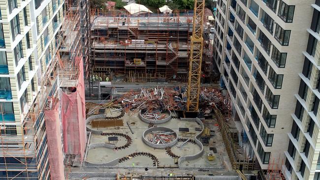 The collapsed scaffolding at Sydney’s Macquarie Park. Picture: Toby Zerna