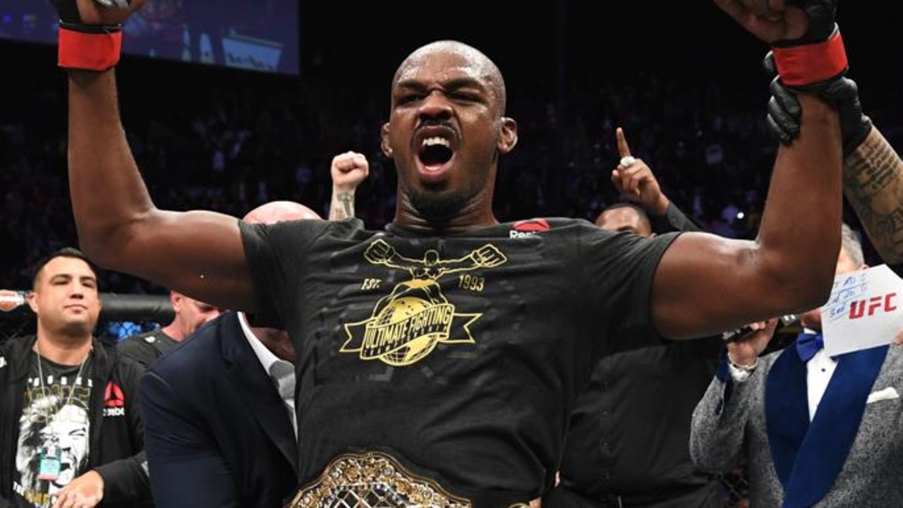 INGLEWOOD, CA - DECEMBER 29: Jon Jones celebrates his KO victory over Alexander Gustafsson of Sweden in their light heavyweight bout during the UFC 232 event inside The Forum on December 29, 2018 in Inglewood, California. (Photo by Josh Hedges/Zuffa LLC/Zuffa LLC via Getty Images)