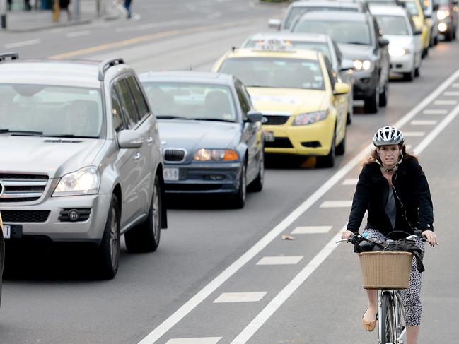 Not many bikes in the bike lane while traffic builds up in the 1 lane for cars on Princess Bridge, Melbourne.  Picture: Nicole Garmston