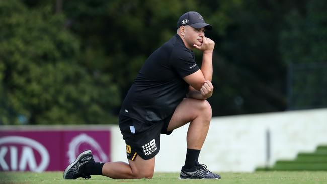 Anthony Seibold watches over Broncos training. Picture: Liam Kidston