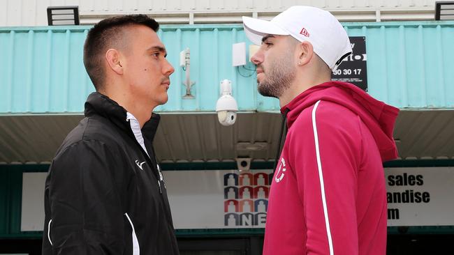 NEWCASTLE, AUSTRALIA - MAY 11: Tim Tszyu and Michael Zerafa out the front of the newly named Newcastle Entertainment Centre on May 11, 2021 in Newcastle, Australia. (Photo by Peter Lorimer/Getty Images)