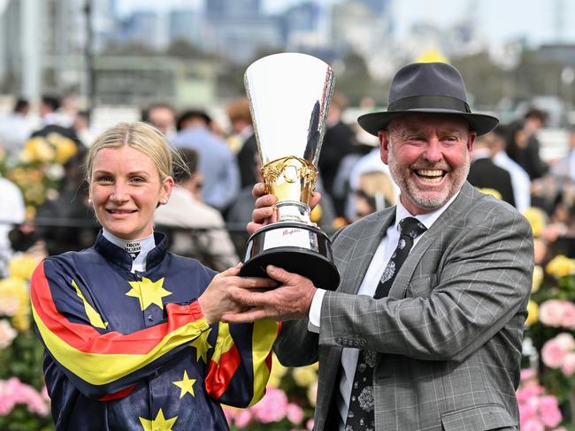 Jamie Kah and Andrew Gluyas after Goldrush Guru won the Penfolds Victoria Derby at Flemington Racecourse on November 02, 2024 in Flemington, Australia. (Photo by George Sal/Racing Photos via Getty Images)