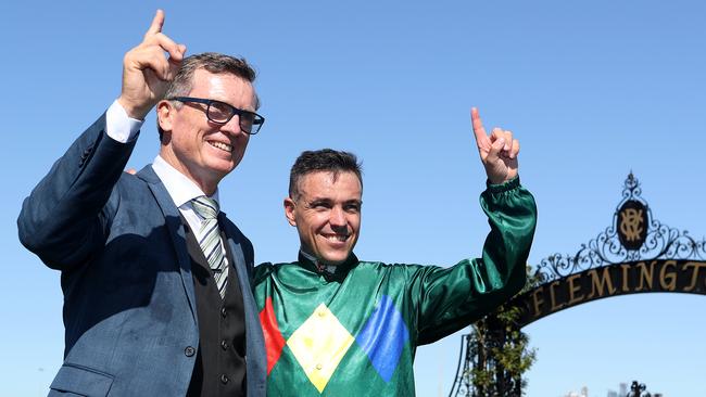 David Vandyke, during his days training Alligator Blood, celebrates his Australian Guineas victory with jockey Ryan Maloney.