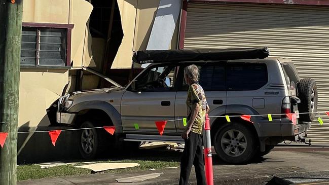 Emergency crews have rushed into the city centre after a car veered off the road and crashed into a building near the RSL sub-branch offices at Nash St, Gympie, on the afternoon of Tuesday May 21, 2024.