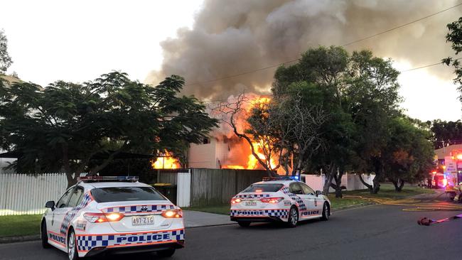 Supplied image of a house fire at Wooloowin, that later led to a man being charged with two counts of attempted murder.