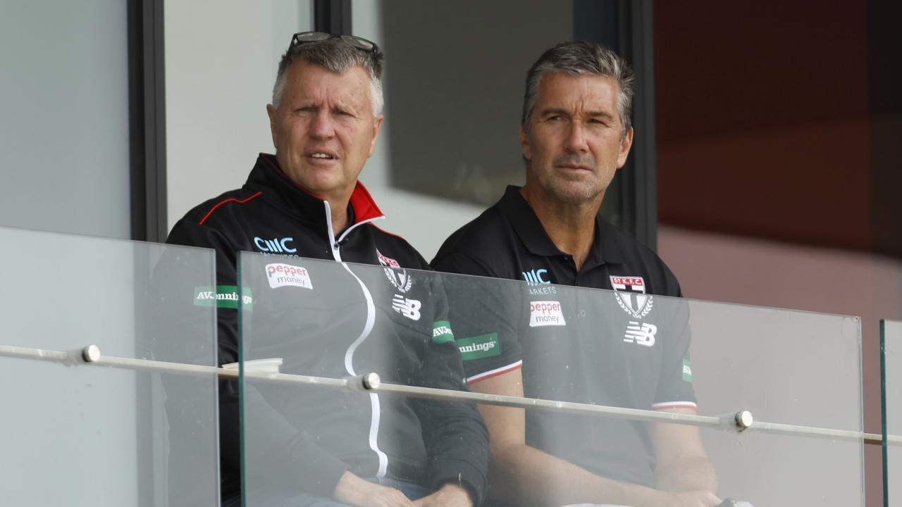 Head of Talent and Acquisition, Graeme Allan and List Manager Stephen Silvagni look on at St Kilda training on Wednesday. Picture: Getty Images