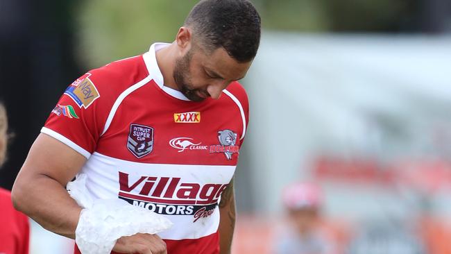 Benji Marshall ices his wrist after Redcliffe’s win over the Ipswich Jets. Picture: Darren England