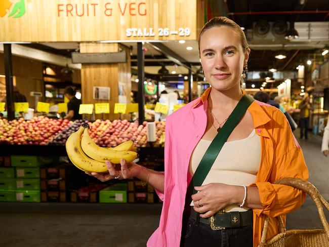 Torey Mowbray with fruit at the Central Market in Adelaide, as fruit prices jumped 13%, Thursday, Feb. 2, 2023. Picture: Matt Loxton [0491725746]