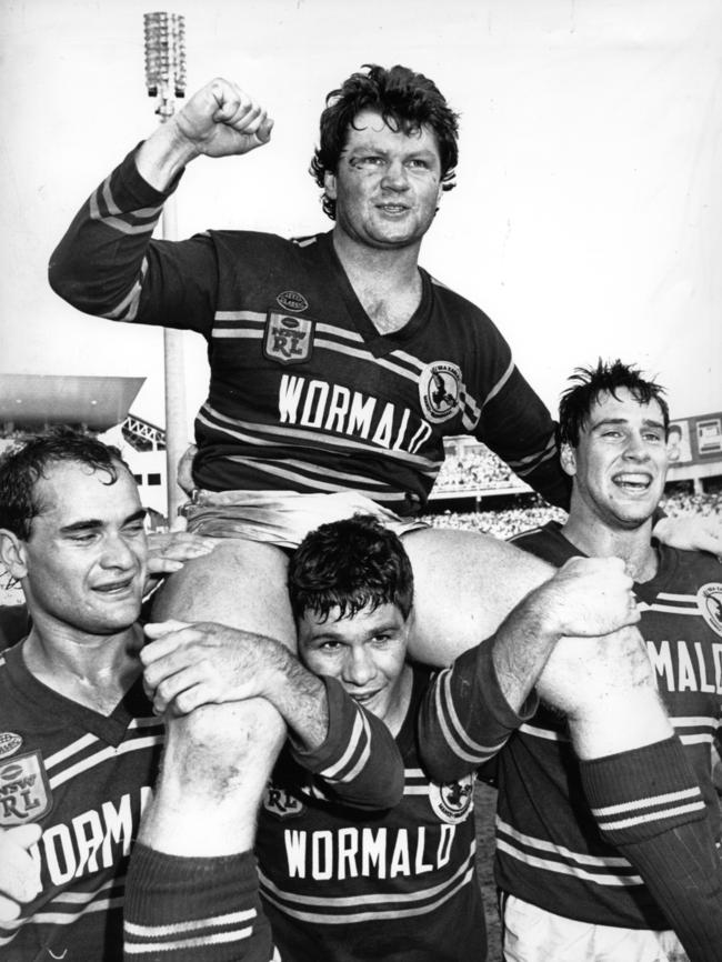 Manly's Paul Vautin is shouldered from the field at the end of the Manly Sea Eagles v Canberra Raiders 1987 Grand Final at the SCG in Sydney, 27/09/1987.