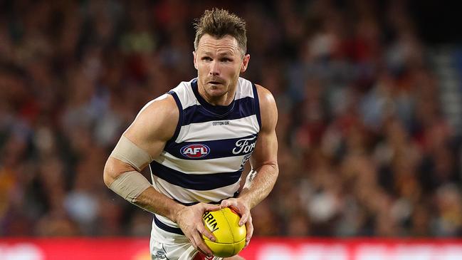 ADELAIDE, AUSTRALIA - MARCH 22: Patrick Dangerfield of the Cats during the 2024 AFL Round 2 match between the Adelaide Crows and the Geelong Cats at Adelaide Oval on March 22, 2024 in Adelaide, Australia. (Photo by Sarah Reed/AFL Photos via Getty Images)