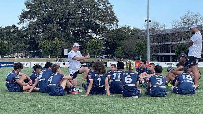 Stretton State College coach Jayden Best addresses his side.