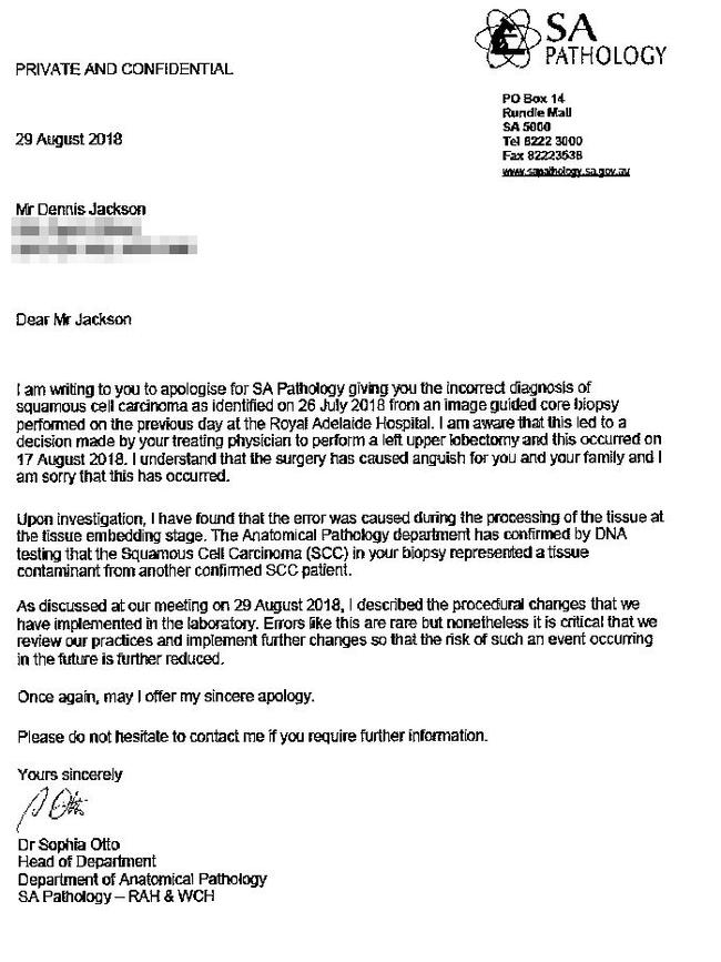 The letter of apology sent to Dennis Charles Jackson following a mistake which led to unnecessary surgery which removed part of his lung. Picture: Coroner’s Court