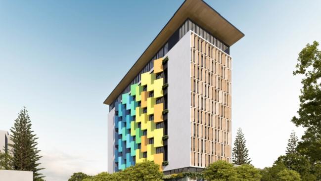 Artist impression of a proposed 12-storey student accommodation tower planned for Golden Four Drive, Bilinga by Southern Cross University.