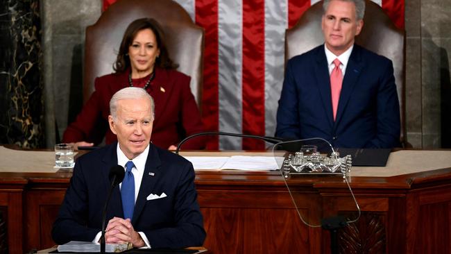 US Vice President Kamala Harris and US Speaker of the House Kevin McCarthy listen as US President Joe Biden delivers remarks during the State of the Union address. Picture: AFP