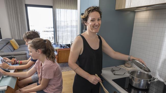 Shannon Battisson and children Angus, 9, and Madeleine, 10, in their electrified Canberra home. Picture: Gary Ramage