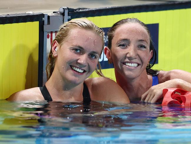 GOLD COAST, AUSTRALIA - APRIL 19: Ariarne Titmus and Lani Pallister pose after competing in the WomenÃ¢â¬â¢s 400m Freestyle Final during the during the 2024 Australian Open Swimming Championships at Gold Coast Aquatic Centre on April 19, 2024 in Gold Coast, Australia. (Photo by Chris Hyde/Getty Images)