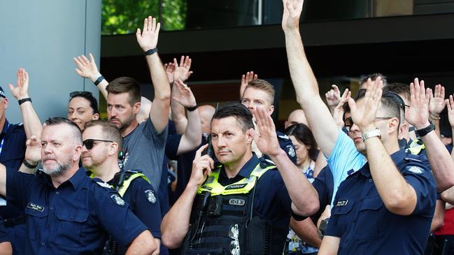 MELBOURNE AUSTRALIA - NewsWire Photos NOVEMBER 29, 2024: Police gather outside  Spencer st HQ at 11 during industrial dispute.Picture: NewsWire / Luis Enrique Ascui