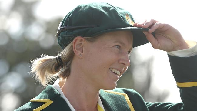 CANBERRA, AUSTRALIA - JANUARY 27: Australian captain Meg Lanning watches on as she waits for the coin toss before play on day one of the Women's Test match in the Ashes series between Australia and England at Manuka Oval on January 27, 2022 in Canberra, Australia. (Photo by Mark Kolbe/Getty Images)