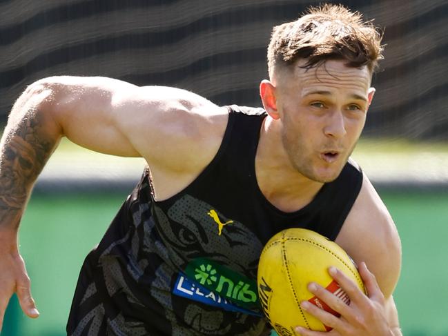 MELBOURNE, AUSTRALIA - NOVEMBER 15: Rhyan Mansell of the Tigers in action during the Richmond Tigers training session at Punt Road Oval on November 15, 2024 in Melbourne, Australia. (Photo by Michael Willson/AFL Photos via Getty Images)