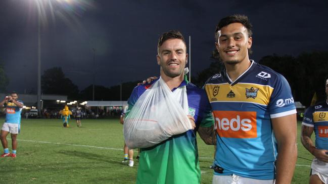 INJURED: Warriors hooker Wade Egan (with Titans mate Tino Faasuamaleaui) suffered a shoulder injury after only 15 minutes of play against Titans in what he said was “friendly fire” incident. at Oakes Oval, Lismore on February 27, 2021. Photo: Alison Paterson