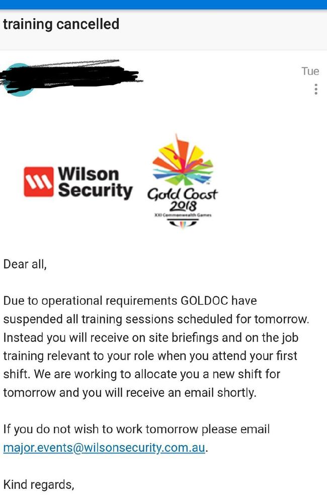 Commonwealth Games security guards received emails telling them training had been cancelled and ‘system errors’ had lead to rostering and accreditation mistakes. Picture: Supplied