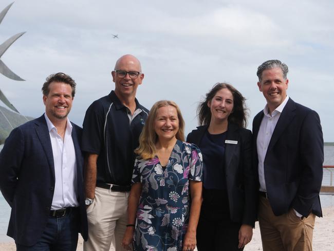 Tourism and Events Queensland Group Executive Ollie Philpot, Cairns Airport chief executive Richard Barker, CAPA Centre for Aviation events director Claudia Kunz,  Cairns Convention Centre marketing manager Melissa Belevski and TTNQ chief executive Mark Olsen announce Cairns as the host for the 2025 CAPA Airline Leader Summit Australia Pacific. Photo: Catherine Duffy