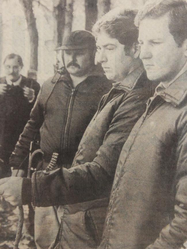 Police diver Mal Jeffs (right): “The Homicide squad had requested Police Divers to search a number of locations in the Tocumwal area. I was one of the five-man team on the operation. It was very cold both in and out of the water.”