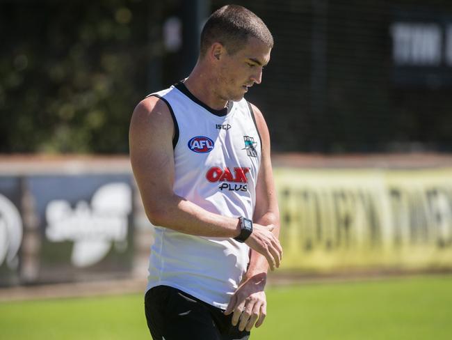 Tom Rockliff during Port Adelaide pre-season training at Alberton Oval.