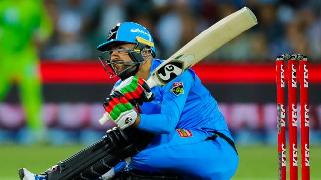 ADELAIDE, AUSTRALIA - DECEMBER 31: Rashid Khan of the Strikers bats on December 31, 2019 in Adelaide, Australia. (Photo by Daniel Kalisz/Getty Images)