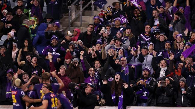 Storm players celebrate in front of their fans. Picture: Mark Kolbe/Getty